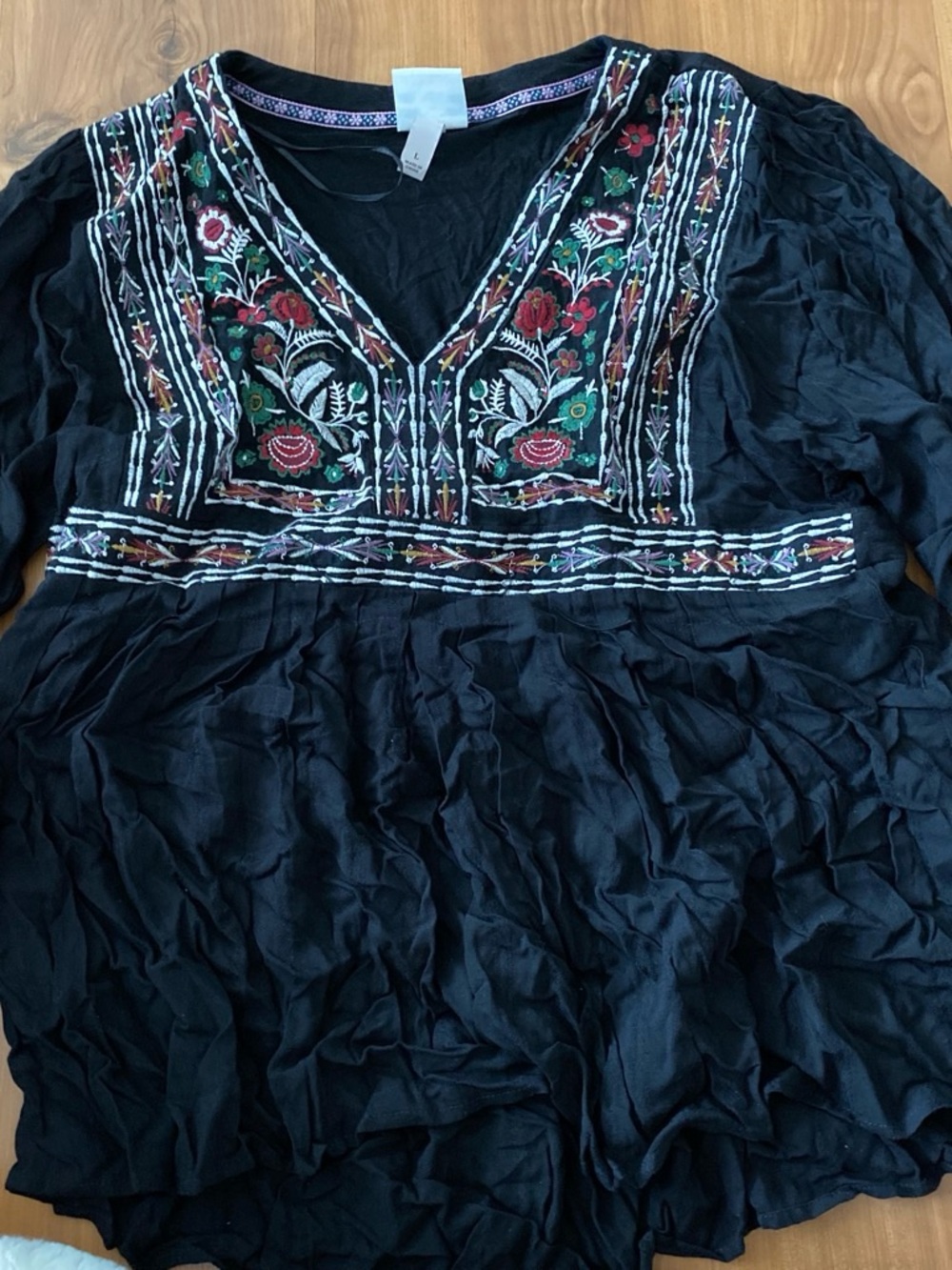 Knox Rose Black V-Neck Top with Multicolor Floral Embroidery